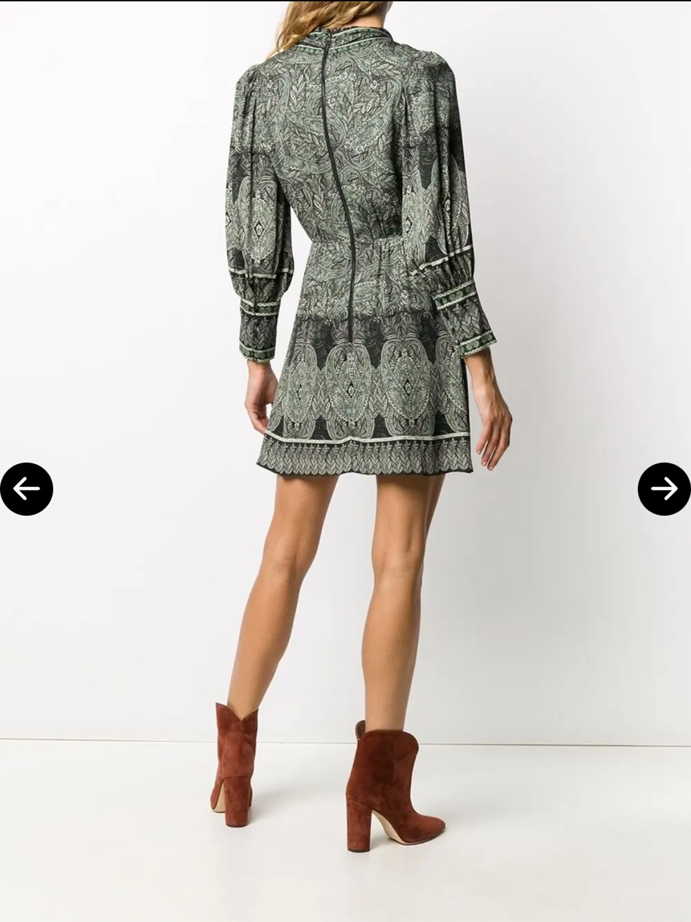 Alice & Olivia Tanisha long sleeve tie neck mini dress green paisley sz 14 - Picture 5 of 16